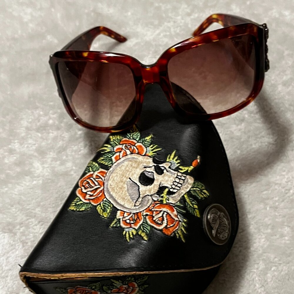 RARE/ED HARDY TATTOO Sunglasses Black Skull & Roses EHS001 Crystals W/Case - Picture 2 of 16